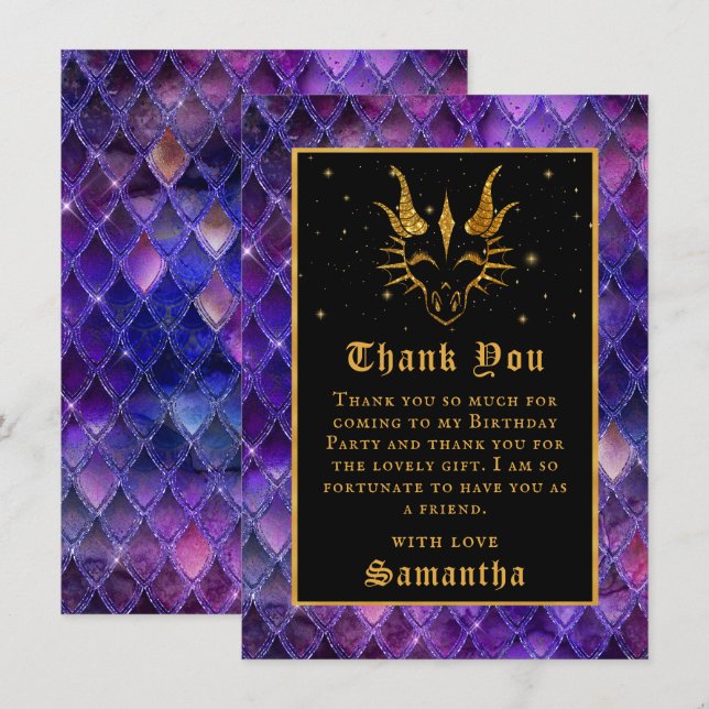 Tarjeta De Agradecimiento Purple Dragon Scales Gold Faux Purpurina Cumpleaño (Anverso / Reverso)