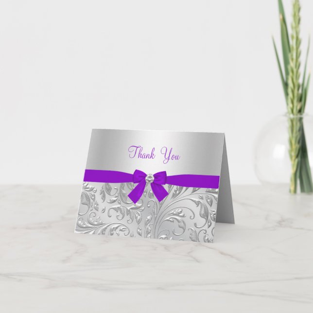 Tarjeta de agradecimiento Purple floral & Bow (Anverso)