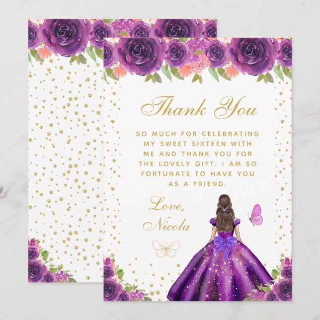 Tarjeta De Agradecimiento Purple Floral Brunette Hair Princess Sweet Sixteen (Anverso / Reverso)
