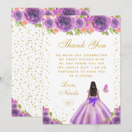 Tarjeta De Agradecimiento Purple Floral Dark Skin Princess Sweet Sixteen