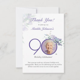 Tarjeta De Agradecimiento Purple Floral Elegant Custom Photo 90th Birthday