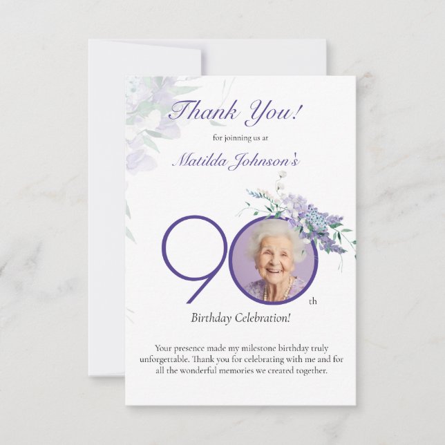 Tarjeta De Agradecimiento Purple Floral Elegant Custom Photo 90th Birthday (Anverso)