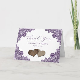 Tarjeta De Agradecimiento Purple Floral Lace Burlap Hearts Rustic Wedding