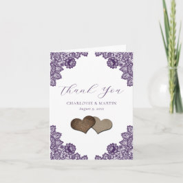 Tarjeta De Agradecimiento Purple Floral Lace Burlap Hearts Rustic Wedding
