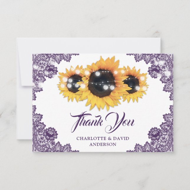 Tarjeta De Agradecimiento Purple Floral Lace String Lights Sunflower Wedding (Anverso)