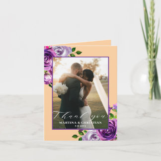 Tarjeta De Agradecimiento Purple Floral Photo Wedding Folded 