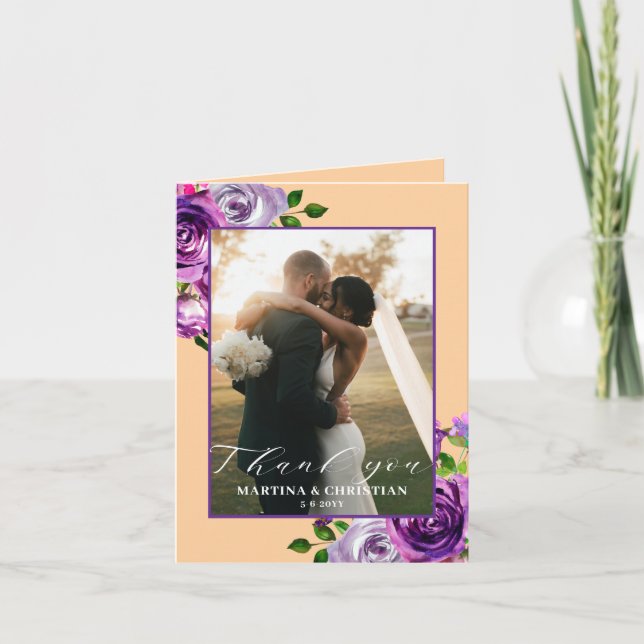 Tarjeta De Agradecimiento Purple Floral Photo Wedding Folded  (Anverso)