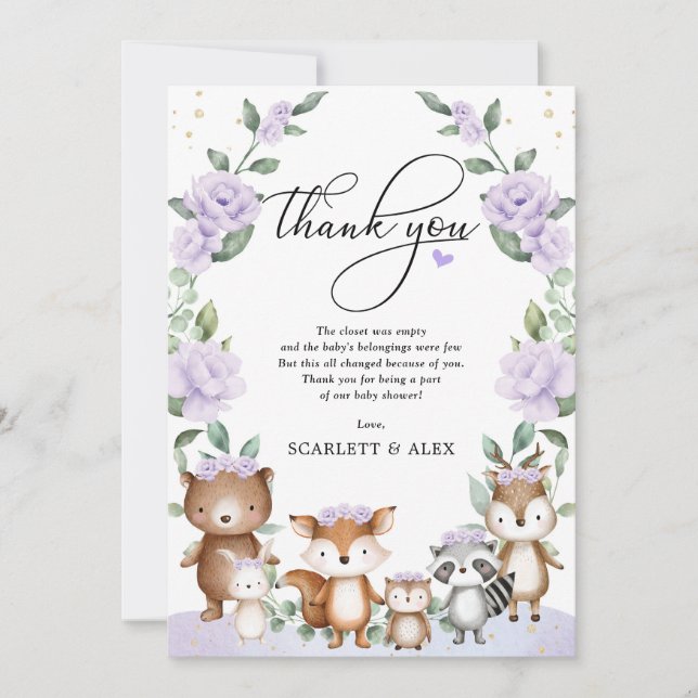 Tarjeta De Agradecimiento Purple Floral Woodland Greenery Animal Baby Shower (Anverso)