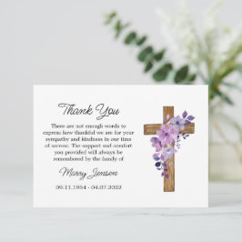 Tarjeta De Agradecimiento Purple flower Cross Sympathy Thank You Card