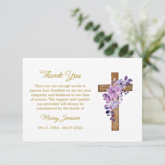 Tarjeta De Agradecimiento Purple flower Cross Sympathy Thank You Card (Anverso de pie)
