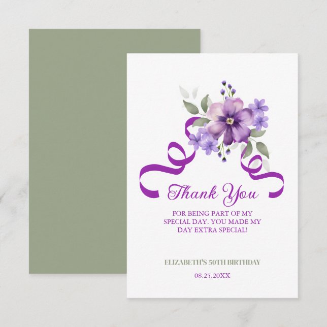 Tarjeta De Agradecimiento Purple Flower Greenery Ribbon Birthday (Anverso / Reverso)