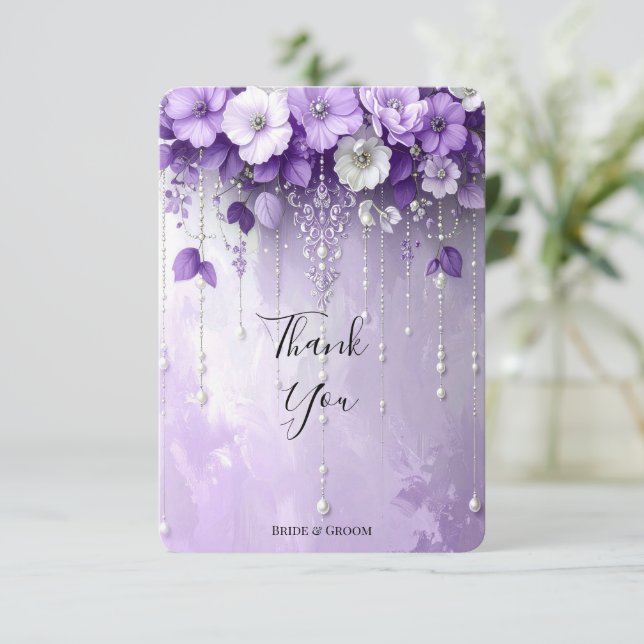 Tarjeta De Agradecimiento Purple Flowers with Dangling Pearls Thank You Card (Anverso de pie)