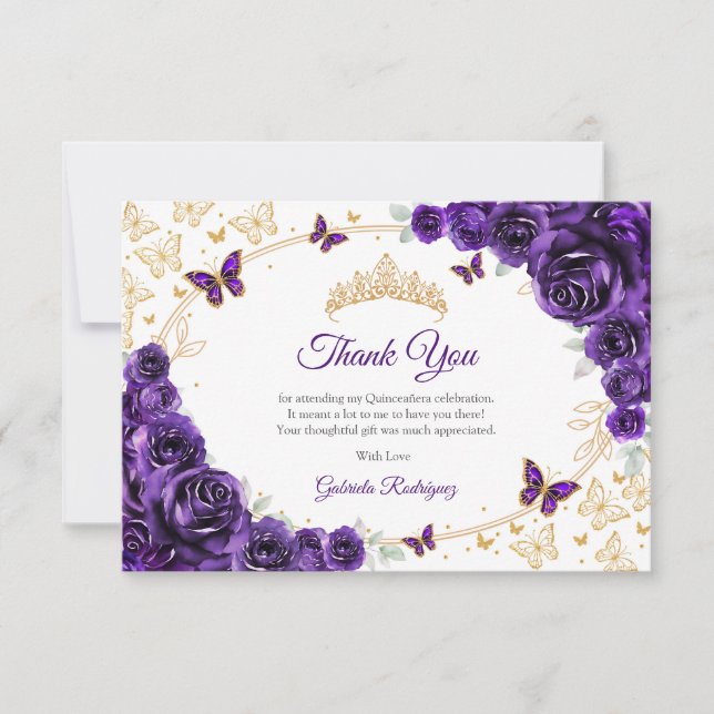 Tarjeta De Agradecimiento Purple Gold Floral Quinceanera (Anverso)