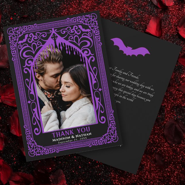 Tarjeta De Agradecimiento Purple Gothic Vampire Cathedral Photo Wedding (Subido por el creador)