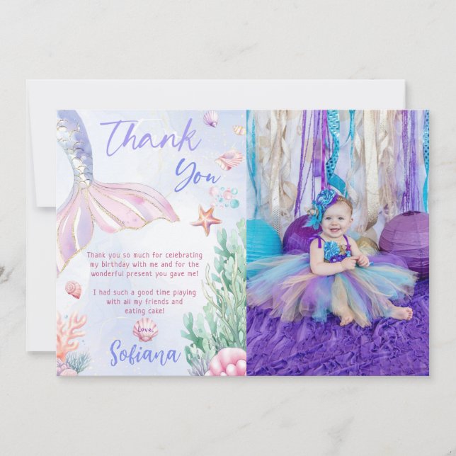 Tarjeta De Agradecimiento Purple Mermaid 1st Birthday Oneder the Sea Photo (Anverso)