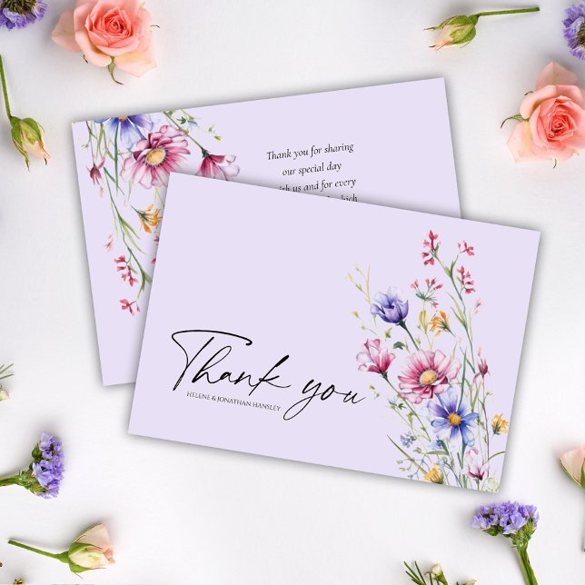 Tarjeta De Agradecimiento Purple Modern Elegant Whimsical Wildflower Boda (Purple Elegant Wildflower Wedding Thank You Card)