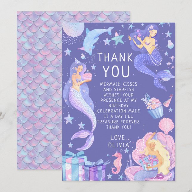 Tarjeta De Agradecimiento Purple Our Little Mermaid All Age Birday (Anverso / Reverso)
