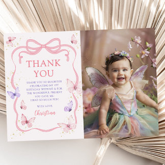 Tarjeta De Agradecimiento Purple Pink Bow Butterfly Birthday Party Photo