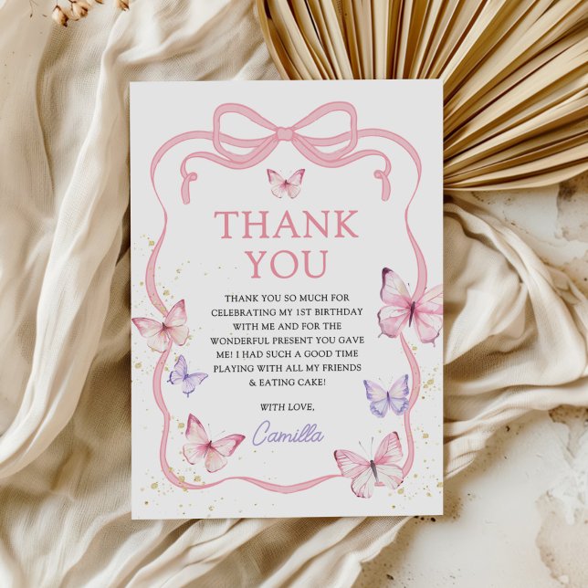 Tarjeta De Agradecimiento Purple Pink Bow Butterfly Girl Birthday Party (Subido por el creador)