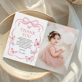 Tarjeta De Agradecimiento Purple Pink Bow Butterfly Girl Birthday Photo