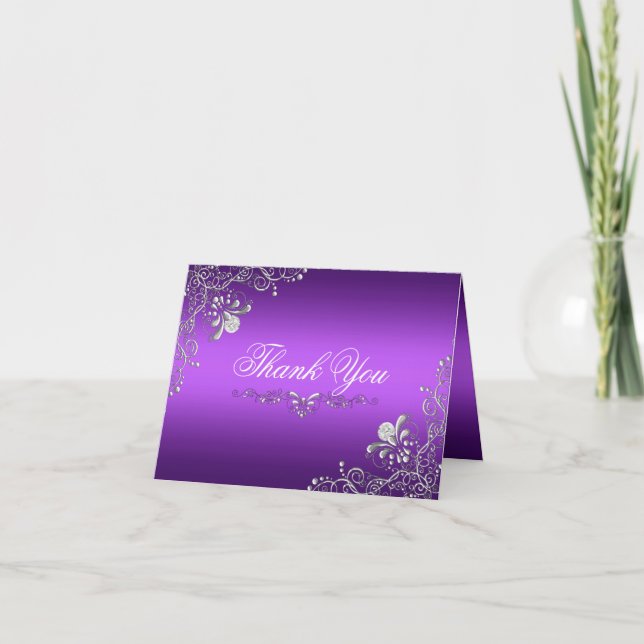 Tarjeta de agradecimiento Purple & Silver Damask (Anverso)