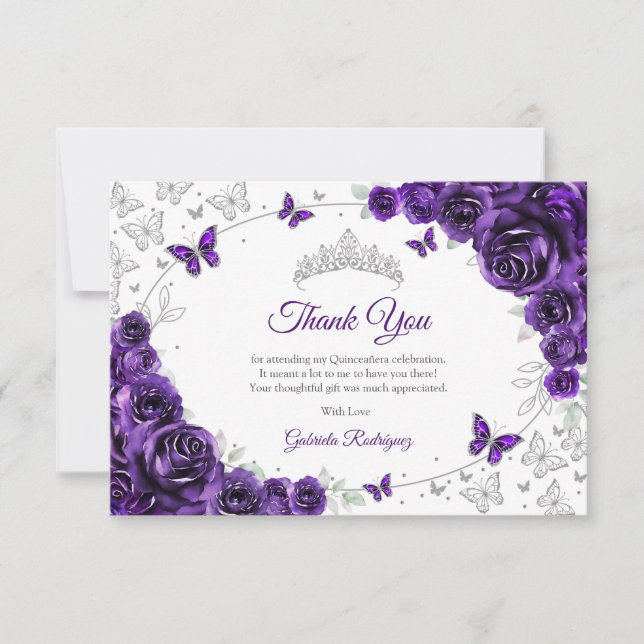 Tarjeta De Agradecimiento Purple Silver Floral Quinceanera (Anverso)