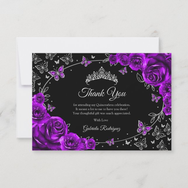 Tarjeta De Agradecimiento Purple Silver Quinceanera (Anverso)