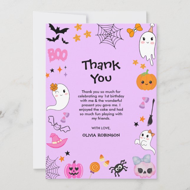 Tarjeta De Agradecimiento Purple Spooky One Cute Halloween 1er cumpleaños (Anverso)
