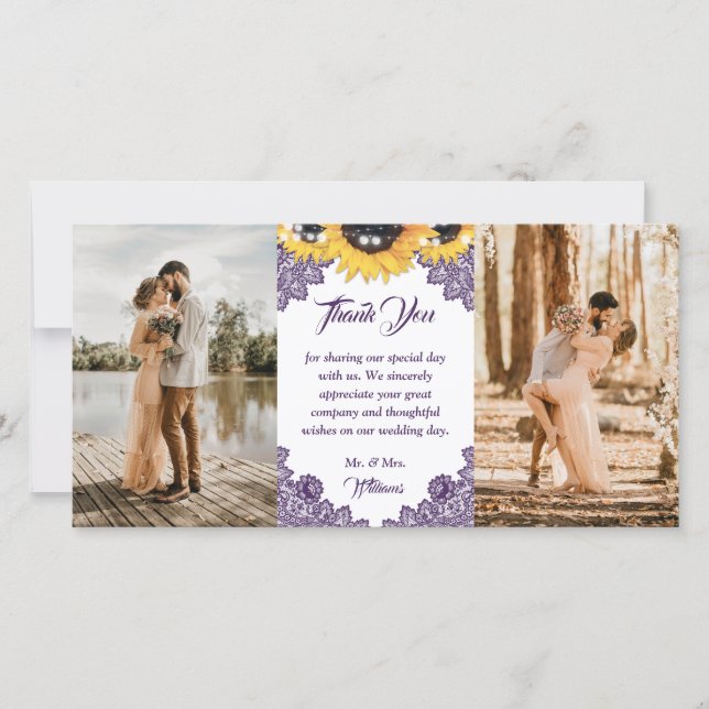 Tarjeta De Agradecimiento Purple Sunflower Floral Lace Photo Wedding (Anverso)