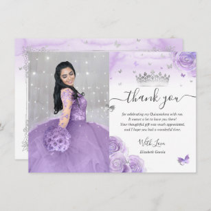 Tarjeta De Agradecimiento Púrpura claro y plata foto de quinceañera cumpleañ