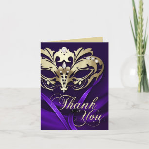 Tarjeta de agradecimiento púrpura de máscara dorad