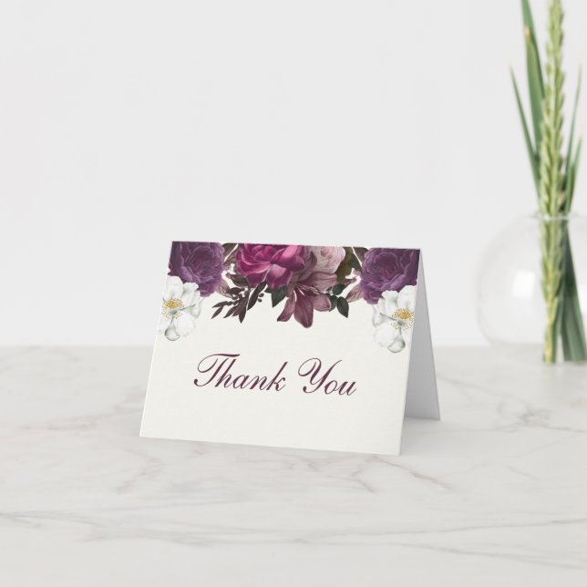 Tarjeta De Agradecimiento Púrpura Floral Gracias Cartas (Anverso)