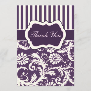 Tarjeta De Agradecimiento Púrpura, marfil, Damasco Rosa a Rayas Gracias Tarj