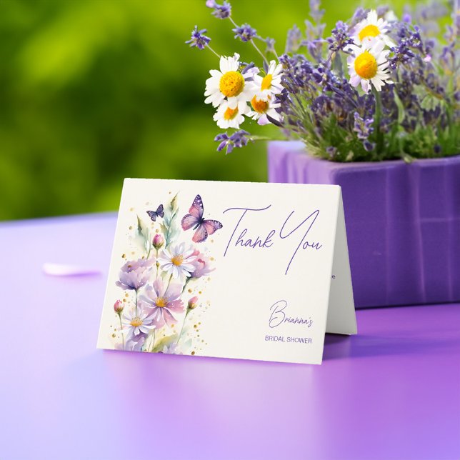 Tarjeta De Agradecimiento Púrpura mariposas ducha de novia (Purple lavender butterflies bridal shower thank you card enchanted garden spring summed theme)