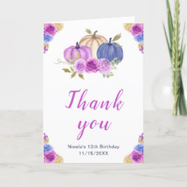 Tarjeta De Agradecimiento Púrpura y Nave Calabazas Florales Azules Cumpleaño