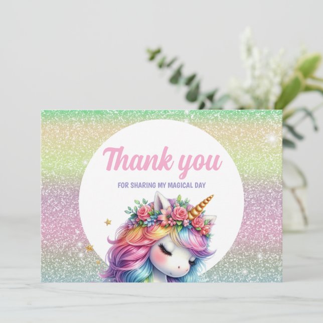 Tarjeta De Agradecimiento Purpurina arco iris unicornio mágico (Anverso de pie)
