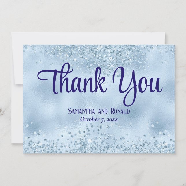 Tarjeta De Agradecimiento Purpurina azul bebé y Boda de Relieve metalizado T (Anverso)