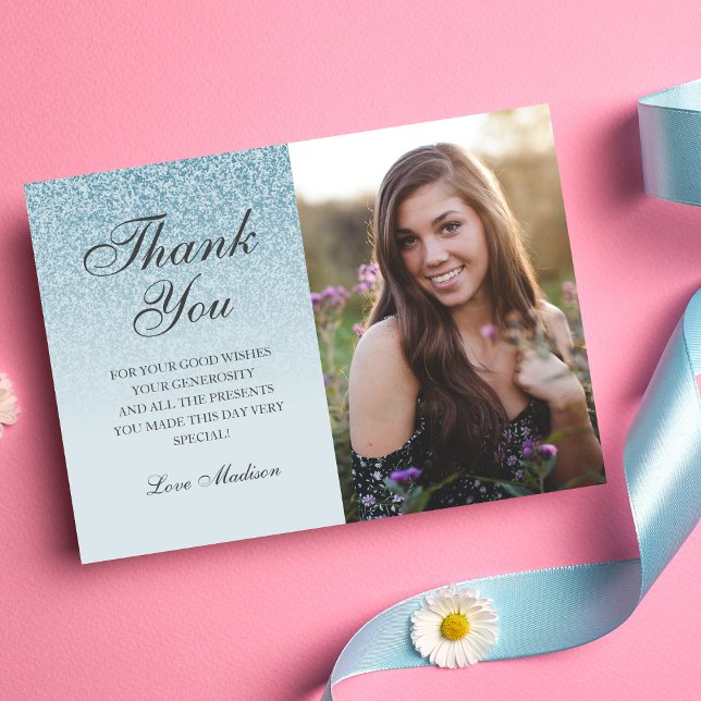 Tarjeta De Agradecimiento Purpurina azul foto oscura gracias dulce 16 (Blue Glitter Thank You Card)