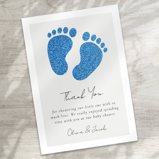 Tarjeta De Agradecimiento Purpurina Azul Pies de Bebé Baby Shower Gracias No (Subido por el creador)