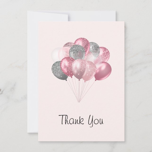 Tarjeta De Agradecimiento Purpurina Balloon Bunch Pink and Silver Gracias (Anverso)