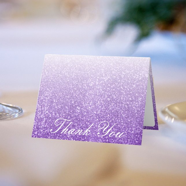 Tarjeta De Agradecimiento Purpurina blanco y morado Ombre Boda de fotos (White & Purple Glitter Ombre Photo Wedding Thank You Card)