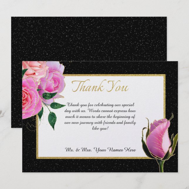 Tarjeta De Agradecimiento Purpurina blanco y negro y rosas rosadas con oro (Anverso / Reverso)