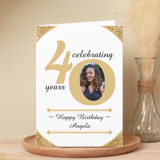 Tarjeta De Agradecimiento Purpurina blanco y oro 40 Cuarenta años 40 cumplea (White & Gold Glitter 40 Forty Years 40th Birthday Thank You Card)