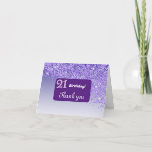 Tarjeta De Agradecimiento Purpurina brillante morado, cumpleaños 21 Gracias