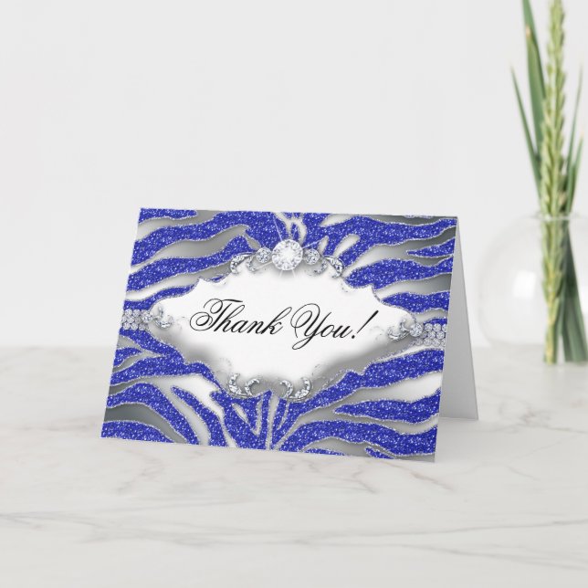 Tarjeta De Agradecimiento Purpurina de cebra Gracias Sparkle Silver Blue (Anverso)