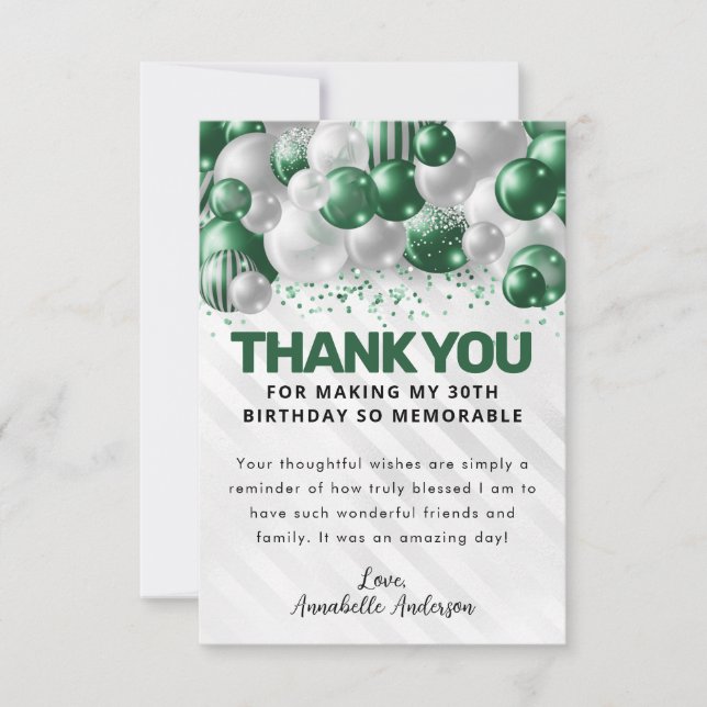 Tarjeta De Agradecimiento Purpurina de Glam Green Balloon Glam (Anverso)