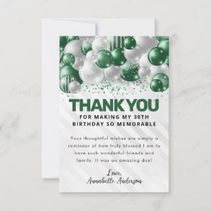 Tarjeta De Agradecimiento Purpurina de Glam Green Balloon Glam