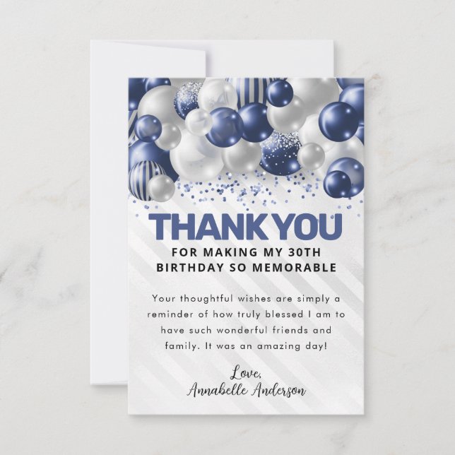 Tarjeta De Agradecimiento Purpurina de globo de plata azul de la Marina mode (Anverso)