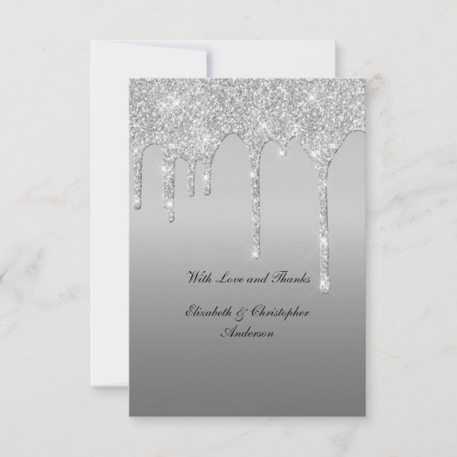 Tarjeta De Agradecimiento Purpurina de goteo plateado Glam Elegant Wedding (Anverso)