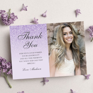 Tarjeta De Agradecimiento Purpurina de lavanda púrpura foto gracias Sweet 16
